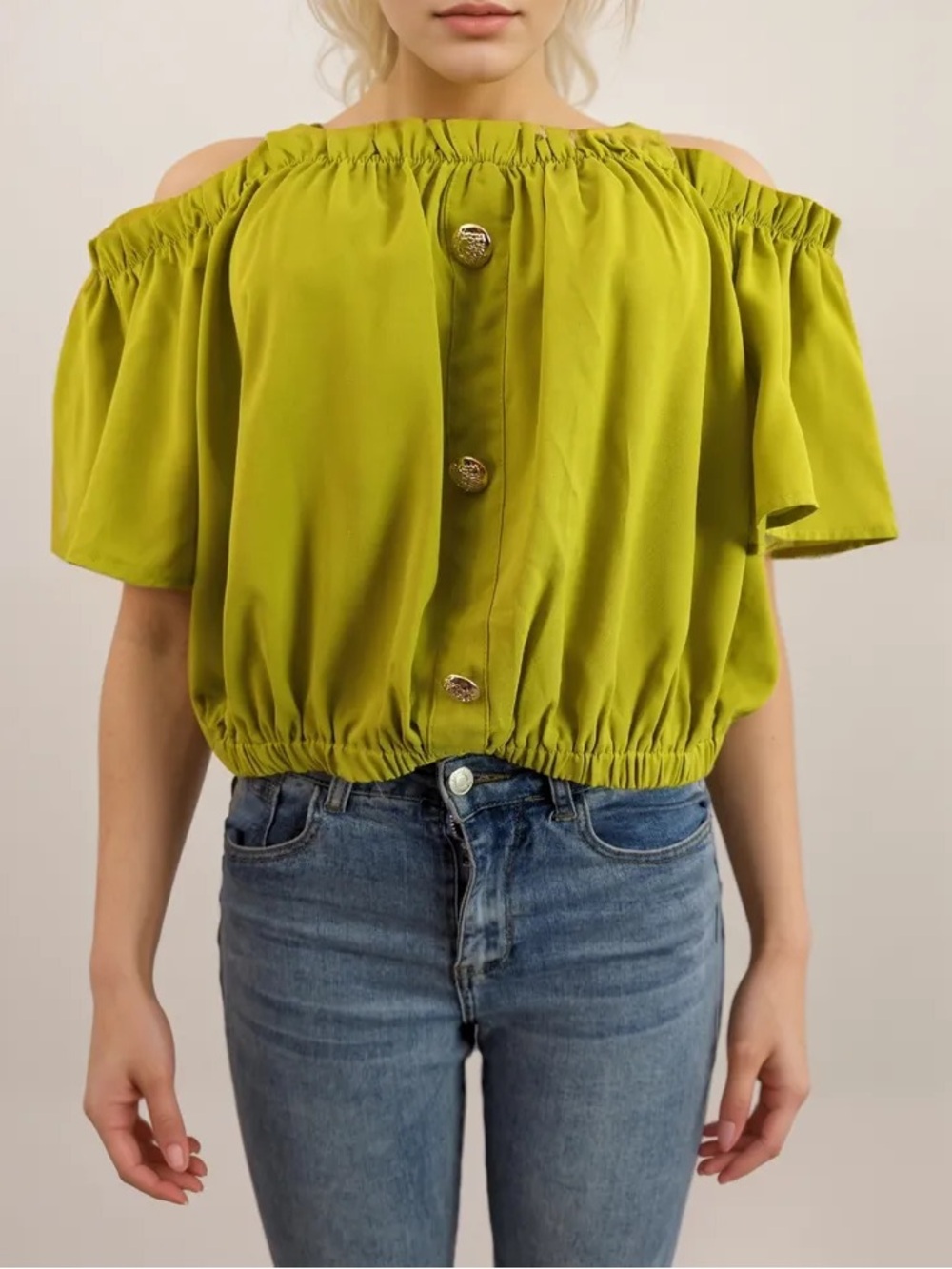 Off-Shoulder Lime Green Button-Front Crop Top